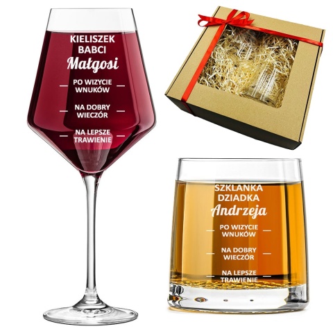 Zestaw Kieliszek dla Babci + Szklanka dla Dziadka - Prezent na Dzień Babci i Dziadka Święta