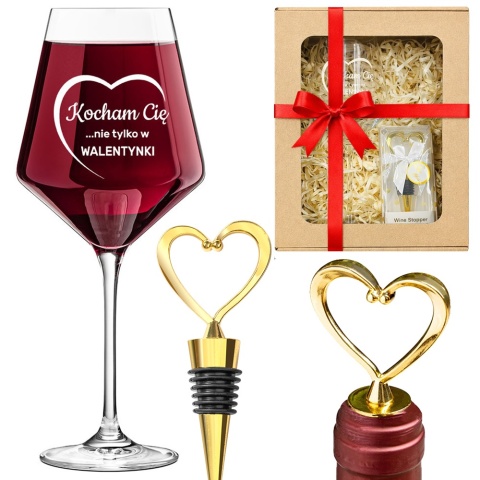 Zestaw do Wina Kieliszek + Zatyczka - prezent na Walentynki dla dziewczyny żony niej