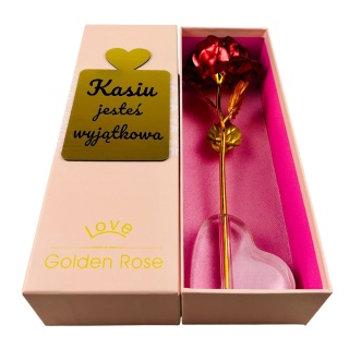 Złota Wieczna Róża z Grawerem i Podstawką w Kształcie Serca - Prezent na Walentynki dla Niej Żony Dziewczyny