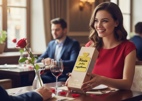 Złota Wieczna Róża z Grawerem i Podstawką w Kształcie Serca - Prezent na Walentynki dla Niej Żony Dziewczyny