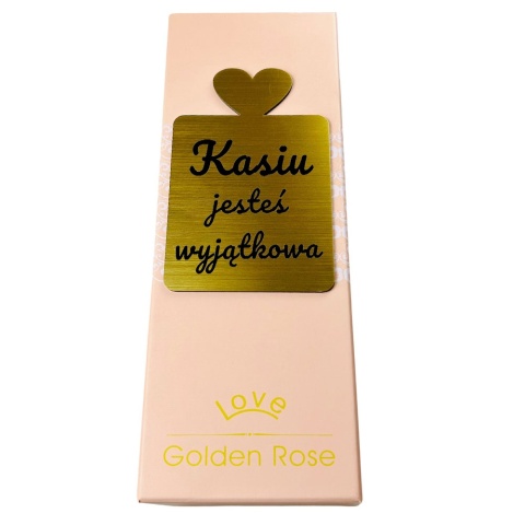 Złota Wieczna Róża z Grawerem i Podstawką w Kształcie Serca - Prezent na Walentynki dla Niej Żony Dziewczyny