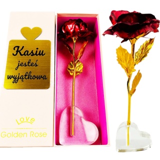 Złota Wieczna Róża z Grawerem i Podstawką w Kształcie Serca - Prezent na Walentynki dla Niej Żony Dziewczyny
