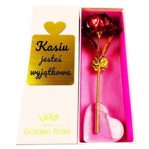 Złota Wieczna Róża z Grawerem i Podstawką w Kształcie Serca - Prezent na Walentynki dla Niej Żony Dziewczyny