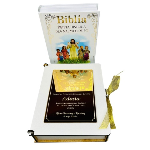 Biblia na Komunię w Pudełku z Grawerem - Prezent na Komunię Pamiątka Pierwszej Komunii Świętej