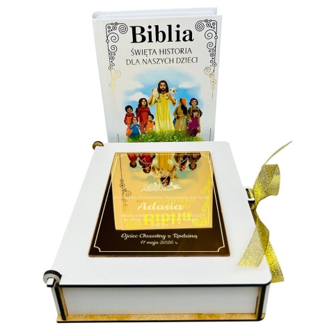 Biblia na Komunię w Pudełku z Grawerem - Prezent na Komunię Pamiątka Pierwszej Komunii Świętej