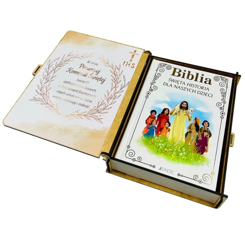 Biblia na Komunię w Pudełku z Grawerem - Prezent na Komunię Pamiątka Pierwszej Komunii Świętej