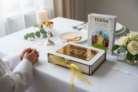 Biblia na Komunię w Pudełku z Grawerem - Prezent na Komunię Pamiątka Pierwszej Komunii Świętej
