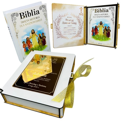 Biblia na Komunię w Pudełku z Grawerem - Prezent na Komunię Pamiątka Pierwszej Komunii Świętej