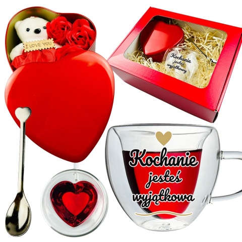 Zestaw Prezent na Walentynki dla Żony Niej Dziewczyny - Szklanka Serce + Miś + Łyżeczka