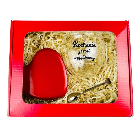 Zestaw Prezent na Walentynki dla Żony Niej Dziewczyny - Szklanka Serce + Miś + Łyżeczka