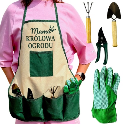 Zestaw Mama Królowa Ogrodu Fartuszek + Narzędzia - Prezent dla Mamy na Dzień Matki Święta Urodziny Narzędzi Ogrodowych