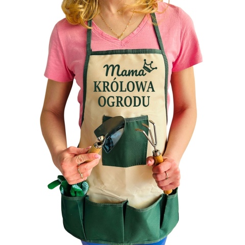 Zestaw Mama Królowa Ogrodu Fartuszek + Narzędzia - Prezent dla Mamy na Dzień Matki Święta Urodziny Narzędzi Ogrodowych