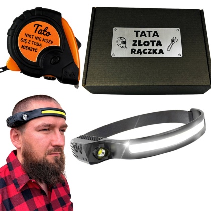 Zestaw dla Taty Latarka Czołówka + Miara - Prezent dla Taty na Dzień Ojca Święta Urodziny