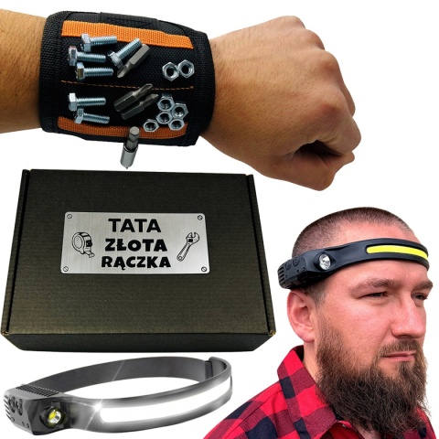 Zestaw dla Taty Latarka Czołówka + Opaska Magnetyczna - Prezent dla Taty na Dzień Ojca Święta Urodziny