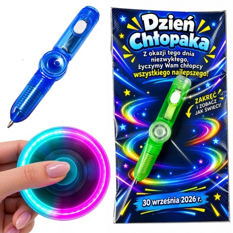 Świecący Długopis Fidget Spinner + Życzenia - Prezent na Dzień Chłopaka Szkoła Przedszkole