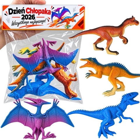 Figurki Dinozaurów 4 szt. + Życzenia - Prezent na Dzień Chłopaka do Przedszkola Szkoły