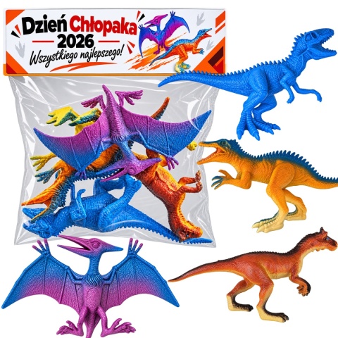 Figurki Dinozaurów 4 szt. + Życzenia - Prezent na Dzień Chłopaka do Przedszkola Szkoły