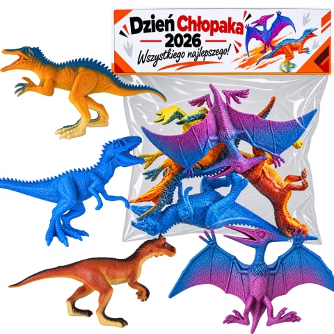 Figurki Dinozaurów 4 szt. + Życzenia - Prezent na Dzień Chłopaka do Przedszkola Szkoły