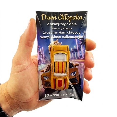 Metalowy Resorak Autko + Życzenia - Prezent na Dzień Chłopaka Przedszkole Szkoła Samochodzik