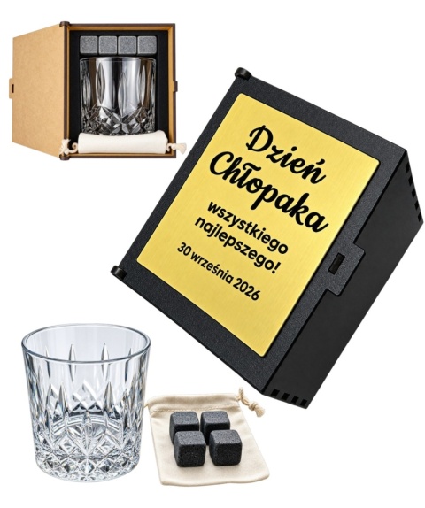 Zestaw do Whisky z Grawerem Szklanka + Kamienie - prezent na Dzień Chłopaka Szkoła Praca
