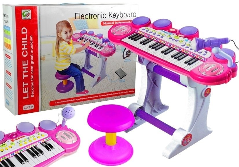 Organki Pianinko Mikrofon Stołek Porty USB Różowe Organki Pianinko Mikrofon Stołek Porty USB Różowe
