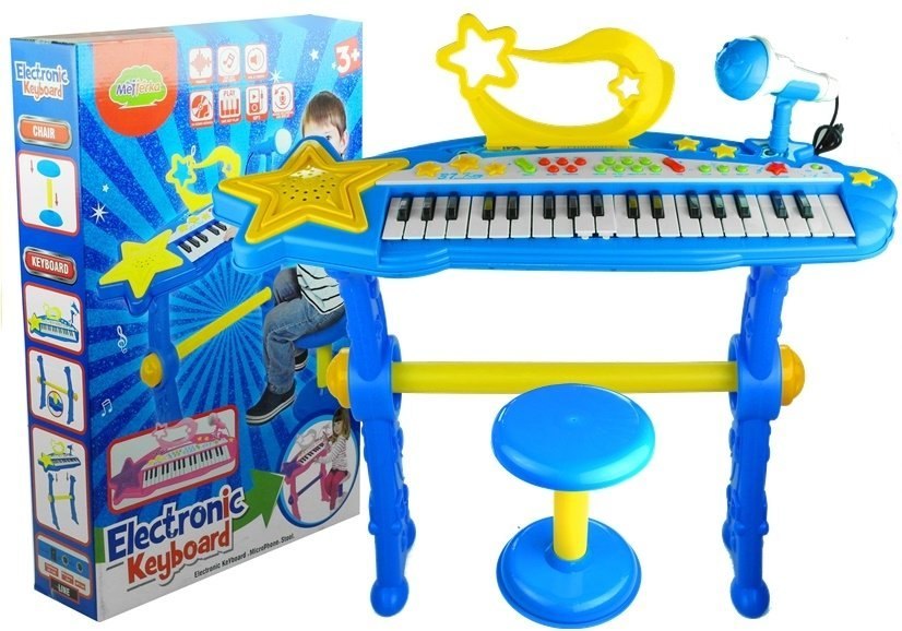 Keyboard Na Nóżkach Stołek MP3 Mikrofon Niebieski Keyboard Na Nóżkach Stołek MP3 Mikrofon Niebieski