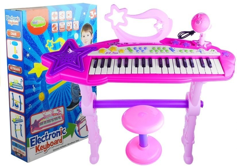 Keyboard Na Nóżkach Stołek MP3 Mikrofon Różowy Keyboard Na Nóżkach Stołek MP3 Mikrofon Różowy